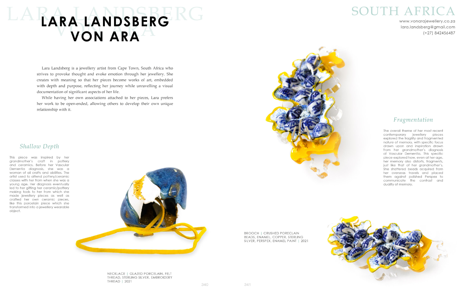 Lara Landsberg VON ARA spread in the Artistar Jewels 2023 book, featuring Shallow Depth and Fragmentation.